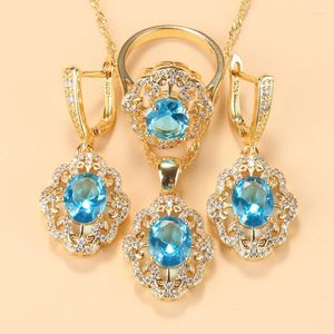 Ketting oorbellen set Dubai goudkleurige sieradenkostuum voor vrouwen 2022 Sky Blue Cubic Zirconia Ring en bruidssets