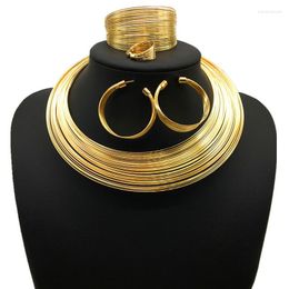 Necklace Earrings Set Dubai Gold Plated Jewelry Fashion Annular Wire Choker Bangle Ring For Women Bridal Accessories