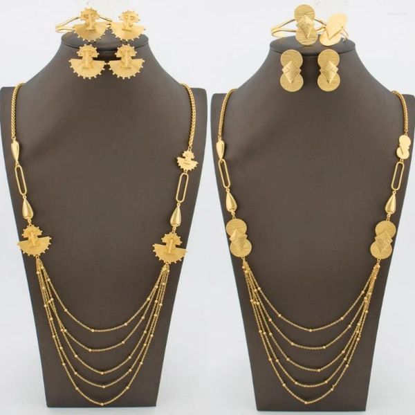 Boucles d'oreilles de collier Set Dubai Bijoux plaqué or pour femmes Pêne de fiançailles à longue chaîne et à anneau de bracelet