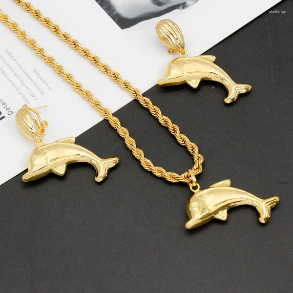 Collana Orecchini Set Dubai Jewelry Dolphin Animal Pendant American 24k Gold Plated Bridal Wedding Set Charms regalo di Natale