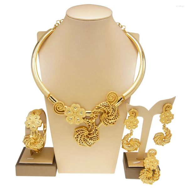 Conjunto de collar y pendientes para mujer, joyería de Color dorado de Dubái, pulsera de alta calidad, pendiente, anillo, vestido de banquete de boda, tendencia 2023 H00241