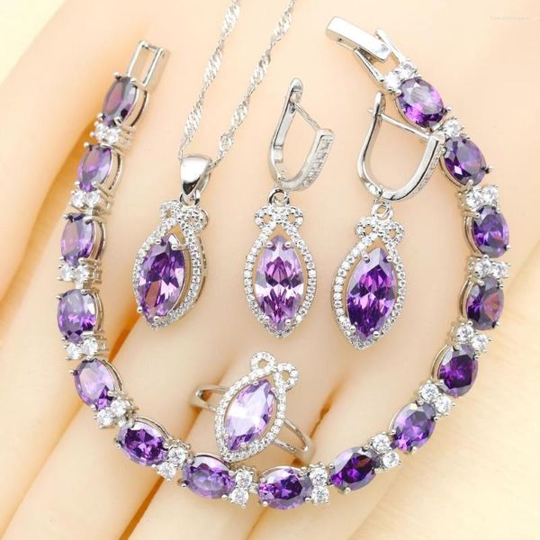 Collier boucles d'oreilles ensemble Dubai couleur argent pour les femmes mariage violet améthyste pendentif anneau ouvert Bracelet Halloween cadeau