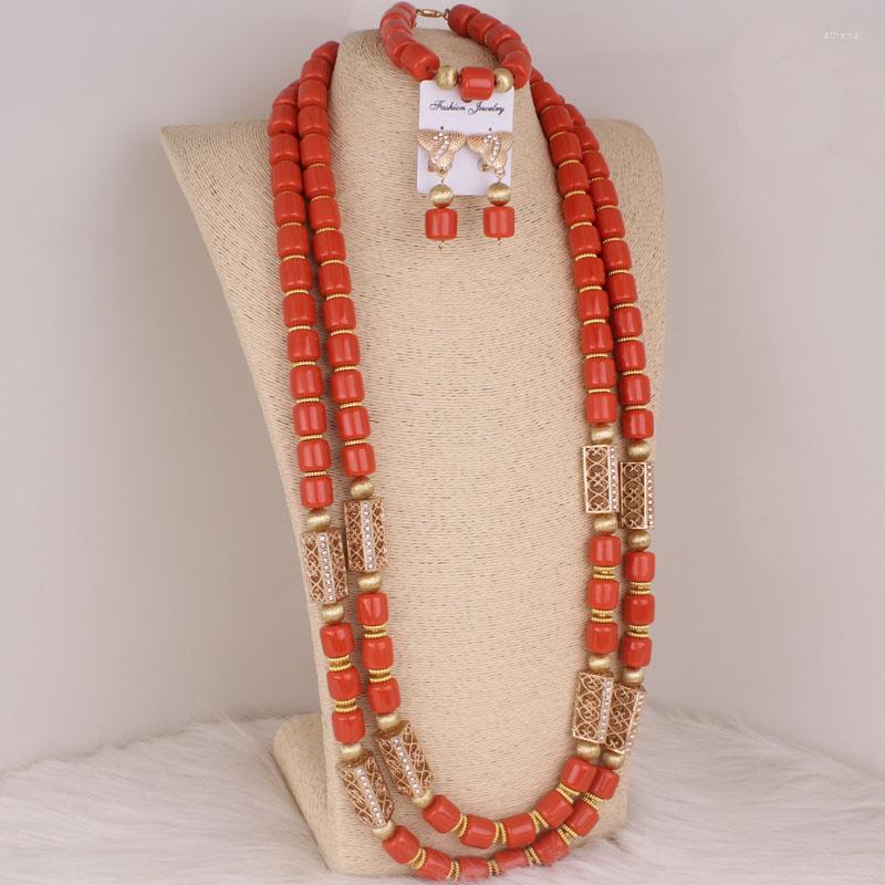 Halsband Örhängen Set Dudo African Artificail Coral Beads 36 Inches Herr nigerianska bröllop Smycken 2023 Traditionell design