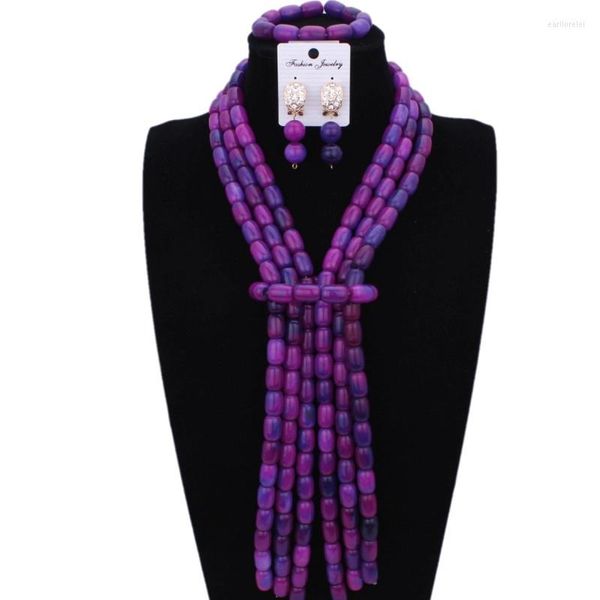 Conjunto de collar y pendientes, joyería Dudo, cristal nupcial, boda, 3 capas, elegante, púrpura, azul, cuentas nigerianas africanas, joyería 2023