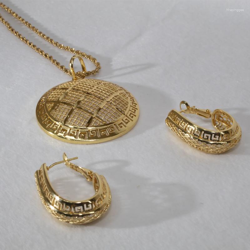 Серьги ожерелья устанавливают элегантные африканские украшения для женщин Большой кружок подвеска и пустого Дубая 18 K Золотые свадебные аксессуары подарок