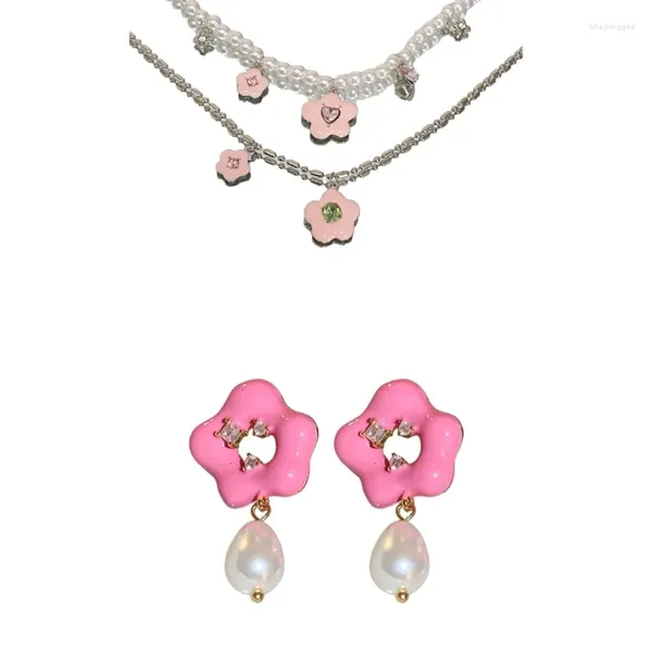 Conjunto de collar y pendientes elegante de doble capa con colgante de flor de perla, pendiente de moda