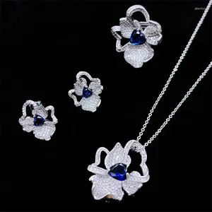 Ensemble collier et boucles d'oreilles en zircone bleu marine pour femmes, bijoux de mariée élégants, esthétique de luxe, cadeau de fiançailles Vintage