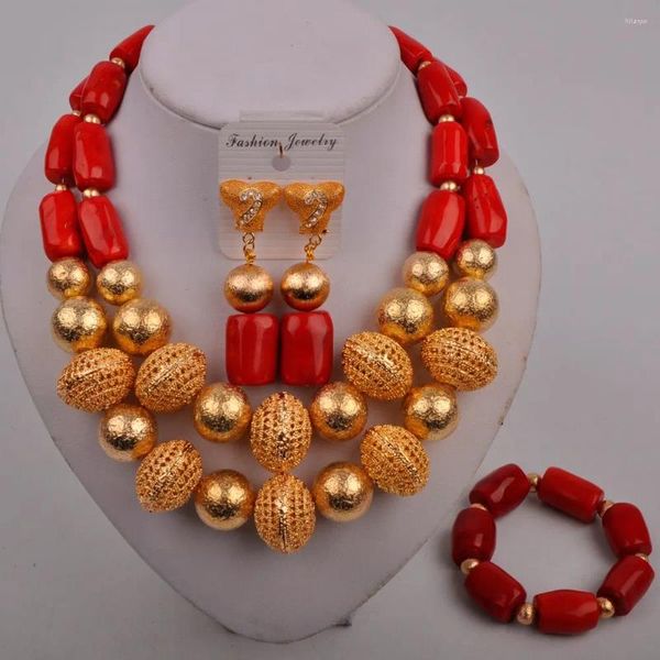 Conjunto de collar y pendientes elegante Color dorado rojo joyería de Coral africano collares pulsera nupcial para mujer