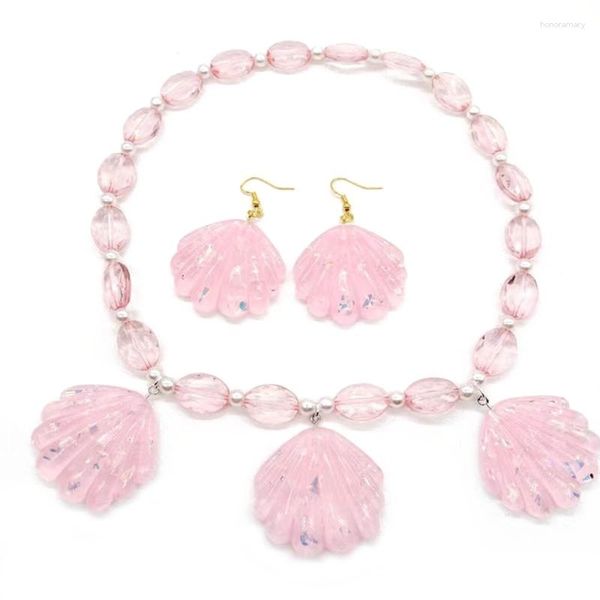Conjunto de collar y pendientes, joyería para disfraz de sirena elegante, pendiente de conchas rosas para vestido de carnaval, gargantilla de princesa 28TF