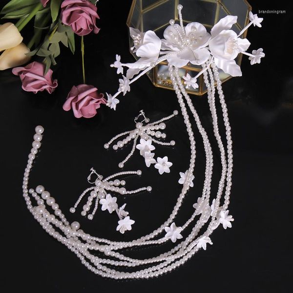 Colar brincos conjunto elegante pérola flor bandana brinco nupcial casamento coroa acessórios de cabelo tiara cristal headpiece jóias