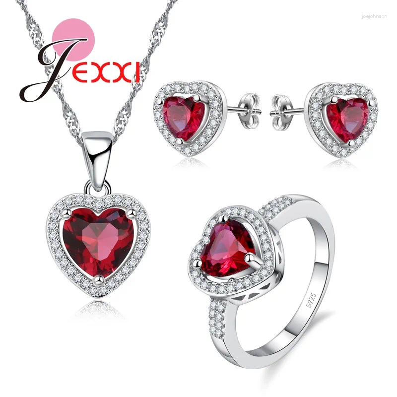 Necklace Earrings Set Elegant Red Heart Cubic Zircon Crystal Bridal Wedding For Woman Stud Rings Accessory