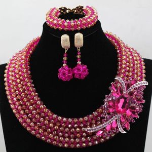 Collier boucles d'oreilles ensemble élégant Rose Rose perles de mariage africain mélange de bijoux or Costume fête occasions WD045