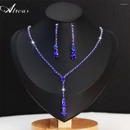 Conjunto de collar y pendientes, joyería elegante de cristal azul real para mujer, fiesta de boda Y colgante de gota de agua, borla de diamantes de imitación