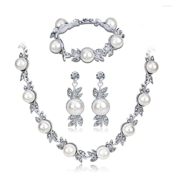 Conjunto de pendientes de collar elegante perla simulada nupcial Rhinestone perla gota pendiente boda para mujeres regalos