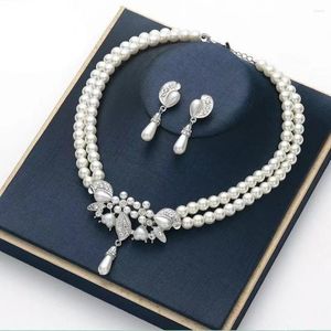 Conjunto de collar y pendientes estilo elegante de doble capa para novia y mujer, joyería de boda Vintage con detalles de perlas de imitación hipoalergénicas