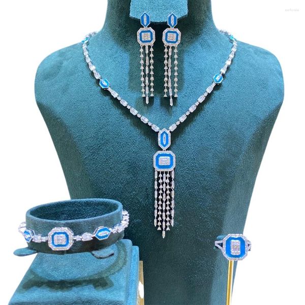 Conjunto de collar y pendientes, pulsera esmaltada, anillo de aceite de goteo, circonita cúbica para mujer, joyería de boda micropavé