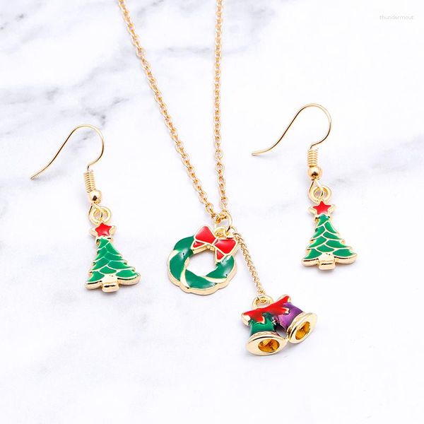 Ensemble de collier et boucles d'oreilles en émail, couronne, cloche, breloques, goutte d'arbre de noël, bijoux, cadeau de noël pour femmes et filles