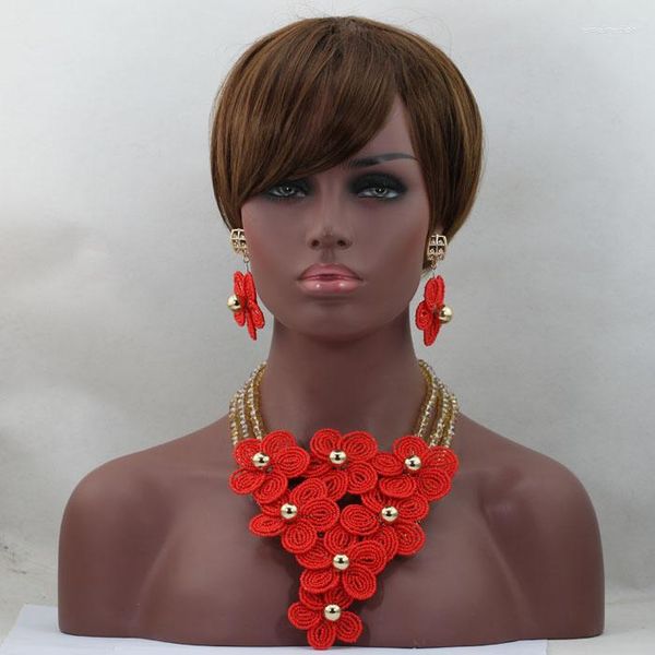 Collier Boucles d'oreilles Ensemble Est Africain Haute Qualité Costume Bijoux Ensembles Or Mariage Nigérian Perles De Cristal Bijoux Fleurs Rouges Faits À La Main