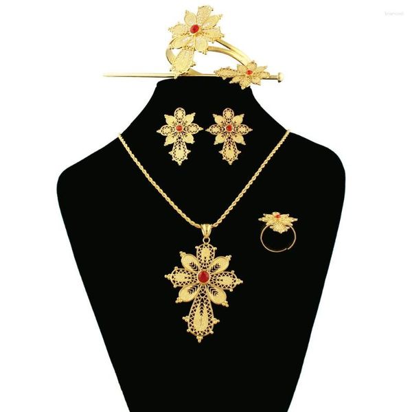 Ensemble de boucles d'oreilles et collier, croix éthiopienne, fleur, bijoux de mariée africaine, pendentif, bracelet, boucle d'oreille, bague, épingle à cheveux, marque en or