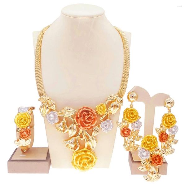 Ensemble de boucles d'oreilles et collier, bijoux italiens de haute qualité, couleur Rose, fleur, fête de mariage, à la mode, Bracelet H0085