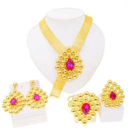 Collier boucles d'oreilles ensemble Est bijoux brésil couleur or femme luxe rouge pierre artificielle grand anneau Banquet de mariage