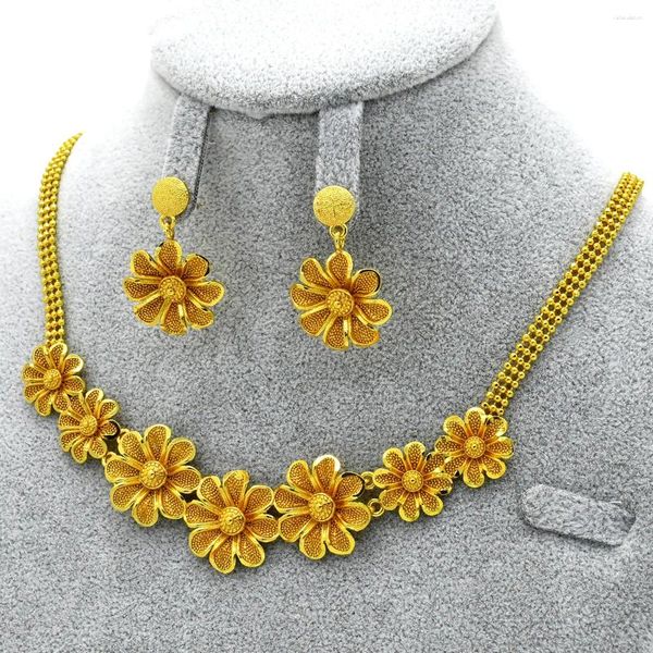 Conjunto de collar y pendientes para mujer, conjunto de Color dorado con flor de Dubái de Etiopía, joyería de boda nupcial, joyería brasileña