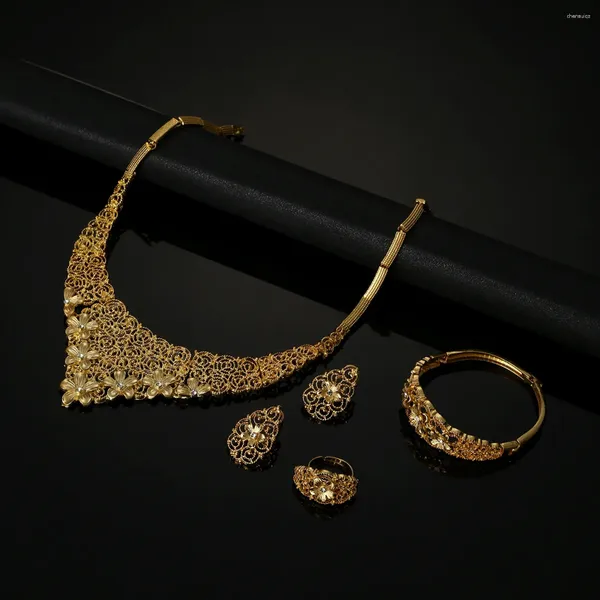 Conjunto de collar y pendientes para mujer, joyería etíope de Color dorado de Dubái, pulsera de anillo cuadrado de moda africana