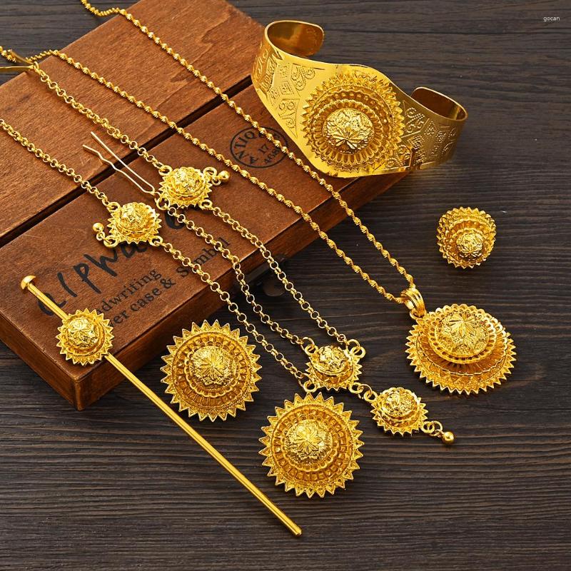 Kolye küpeleri, moda ileri gelinler için saf altın renkte Etiyopya Habasha tarzı set