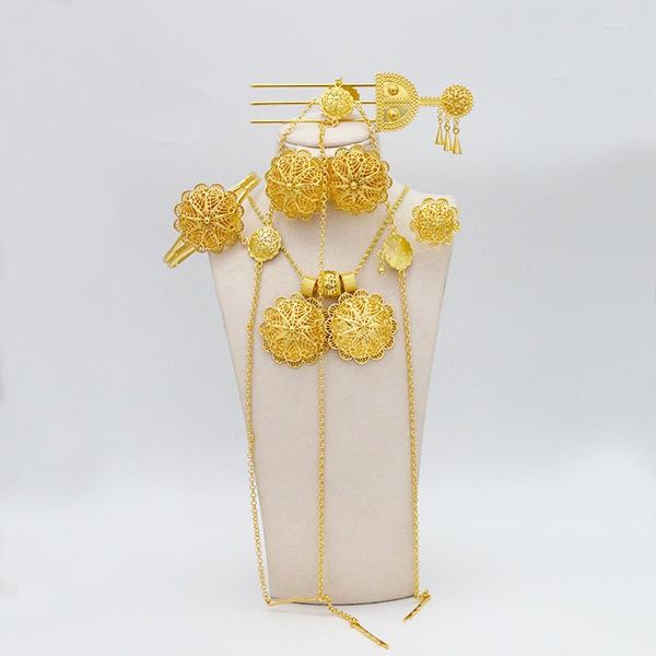 Collier boucles d'oreilles ensemble bijoux éthiopiens pendentif boucle d'oreille anneau Bracelet femmes Gold24k Dubai tête chaîne mariée africaine cadeau de mariage