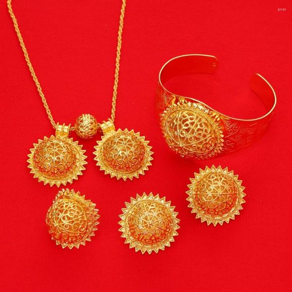 Collier boucles d'oreilles ensemble bijoux éthiopiens deux pendentifs anneau bracelet couleur or métal placage ensembles traditionnels africains