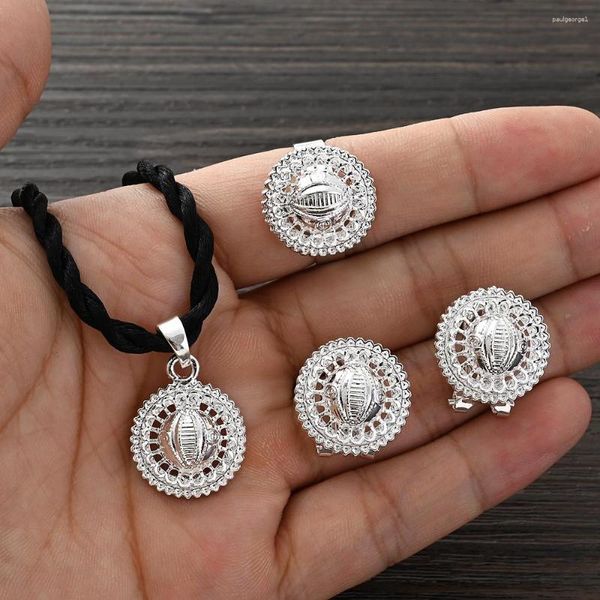 Conjunto de pendientes de collar, anillo de ojo chapado en plata etíope, regalos, joyería de fiesta para mujer