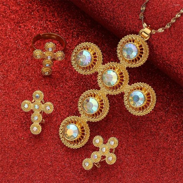 Ensemble de boucles d'oreilles et collier pour femmes, bijoux traditionnels éthiopiens, croix, or érythréen, Habesha, cadeau de fête de mariage