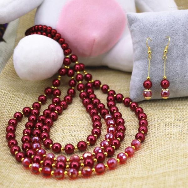 Collier boucles d'oreilles ensemble Style ethnique coquille rouge foncé simulé-perle ronde 6mm 8mm perles chaîne balancent femmes bijoux 20 pouces B3104