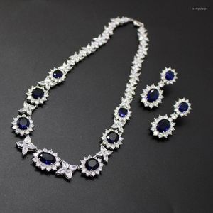 Collier boucles d'oreilles ensemble Europe amérique mode haut de gamme femmes dame incrustation bleu cubique Zircon pendentif 925 aiguille en argent