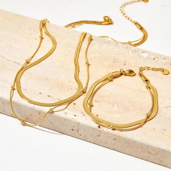 Ensemble collier et boucles d'oreilles pour femmes, chaîne plate en os de serpent, Bracelet à deux étages, boules en acier inoxydable plaqué or, créatif