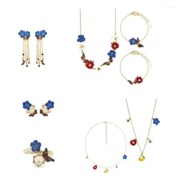 Ensemble collier et boucles d'oreilles en émail émaillé européen et américain, Style néerlandais, papillon, fleurs de lin, Bracelet tendance pour femmes