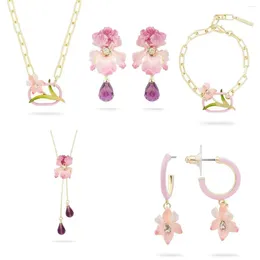 Ensemble collier et boucles d'oreilles en émail fait à la main, européen et américain, Bracelet en cristal de fleur rose, printemps et été