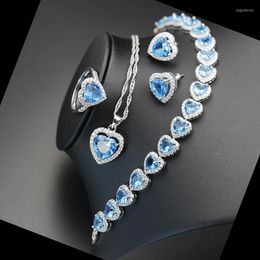 Ketting oorbellen instellen Europese en Amerikaanse ornament zirkoon zeeblauwe ring dames volledig juwelen liefdevolle hartarmband oor noppen pakken