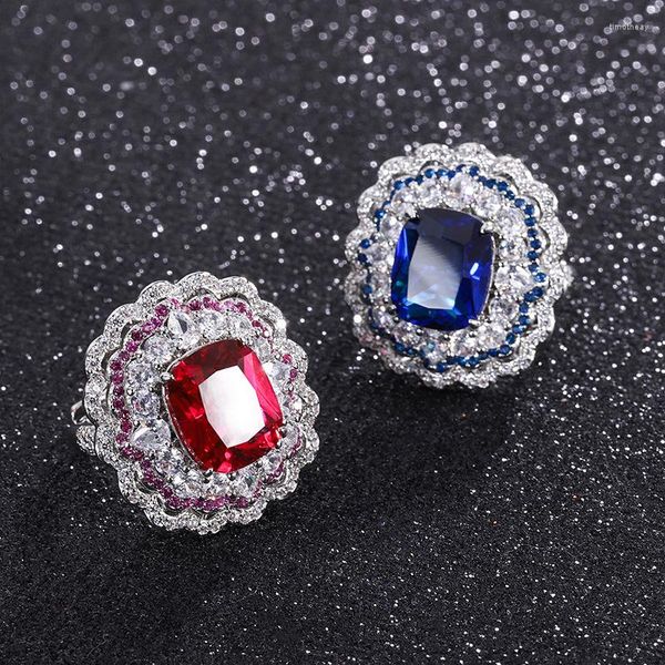 Ensemble de boucles d'oreilles et collier pour femmes, bague européenne et américaine, rouge sang de Pigeon, trésor bleu avec diamant incrusté