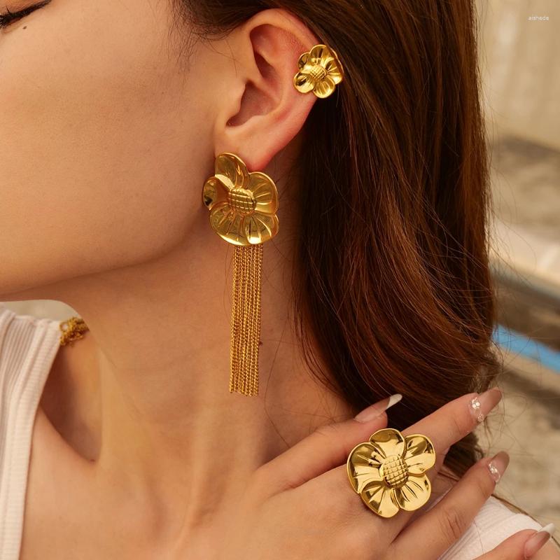 Halsband örhängen set överdriven rostfritt stål blomma stora öppna armband ringar 18k guld pvd pläterad för kvinnor modeparty smycken