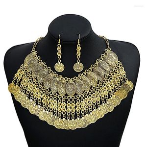 Collier et boucles d'oreilles ensemble exagéré Vintage pièce de monnaie gland colliers ras du cou pour les femmes bohème gitane turc Tribal déclaration cadeaux de fête ethnique