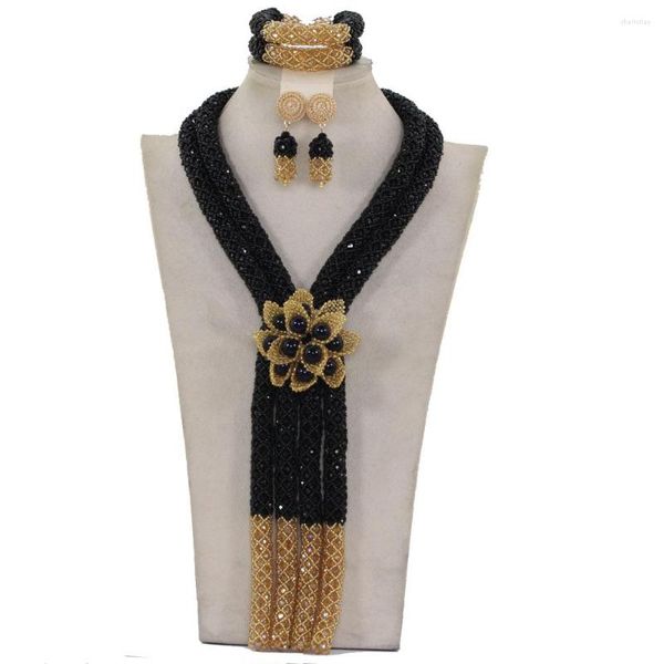 Conjunto de collar y pendientes exclusivo, cuentas de boda africanas de oro negro largo, joyería 2023, declaración de flores nupciales WE093