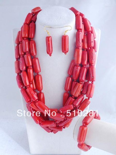 Collier Boucles D'oreilles Ensemble Exquis !!! Bijoux de corail rouge élégant perles de mariage africaines 25