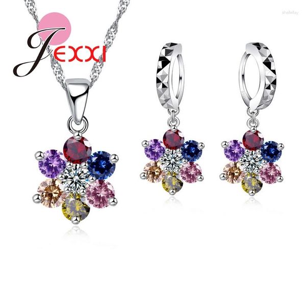 Ensemble de boucles d'oreilles et collier en zircone cubique, multicolore, exquis, fleur, cristal, goutte, Piercing, argent Sterling 925