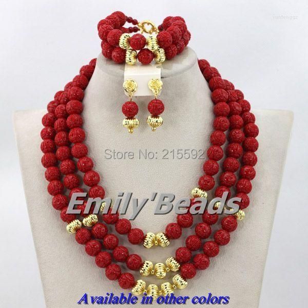 Conjunto de pendientes de collar exquisito rojo africano boda cuentas de Coral joyería nigeriana pulsera nupcial CJ163