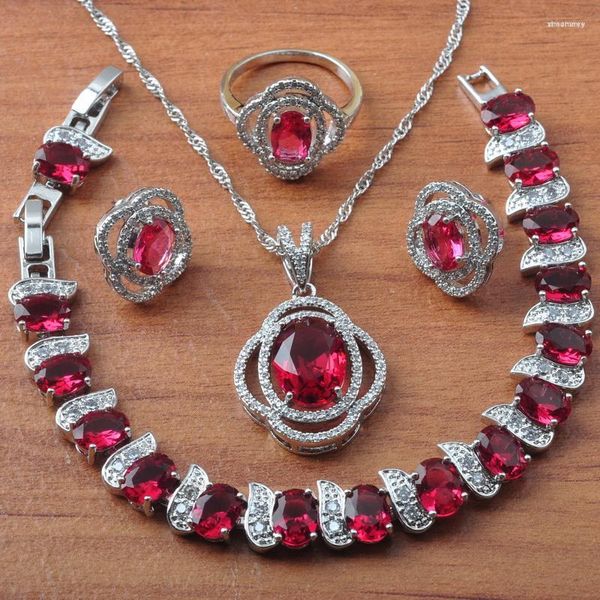 Collier Boucles d'oreilles Set Exquise Red Crystal Silver plaqué Femmes Bijoux de mariage CZ Bracelet Bracelet Christmas Gift JS0641