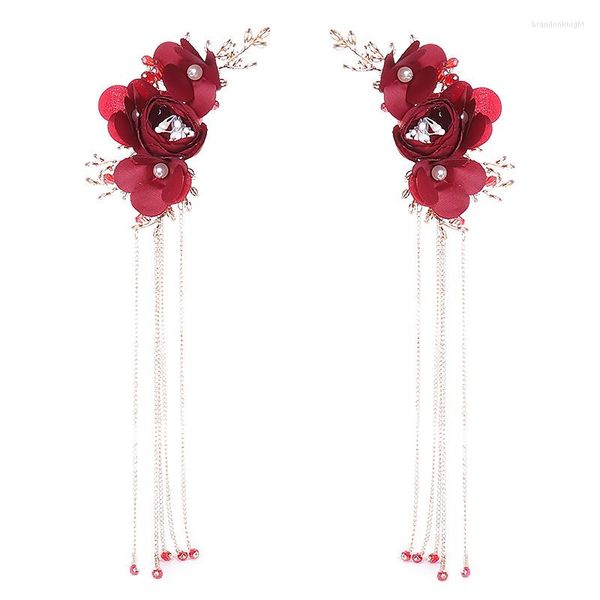 Conjunto de pendientes de collar, tiara de flor de rosa roja exquisita y borla, adornos para el cabello de boda de novia china, diadema de aro de cristal para mujer, diez