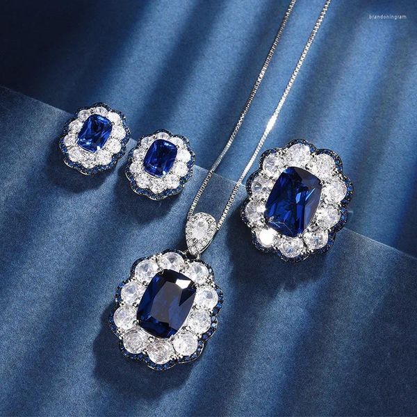 Ensemble de boucles d'oreilles et collier en Zircon pour femmes, bijoux exquis, saphir bleu, pendentif en pierres précieuses, bague réglable, mariage