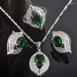 Ensemble de boucles d'oreilles et collier pour femmes, Design œil, mariage, couleur argent, bague en cristal vert, QZ0234