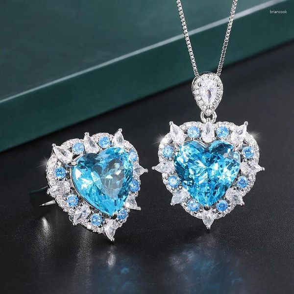 Collier Boucles d'oreilles Ensemble EYIKA Brésil Créé Aigue-Marine Bleu Pierre Cristal Zircon Océan Coeur Bague Pendentif De Luxe Bijoux De Mariage Pour Les Femmes